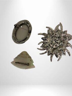 Lot of 3 vintage brooches: Silver Floral Sunburst Brooch Pin - Women Accessories